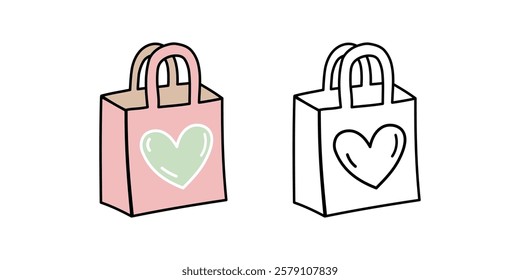 Eco shopping bag with heart design in colored and outline style

