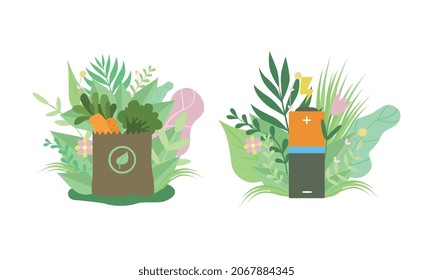 Eco Shopping Bag and Rechargeable Battery Among Green Foliage as Environmental and Ecology Protection Vector Set
