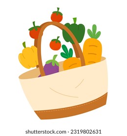 Eco shopping bag, straw tote bag with full vegetables. Say no plastic. Eco friendly and Zero waste concept. Flat cartoon style vector illustration isolated on white background.