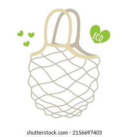 Eco shopping bag. Textile open mesh bag for products. Ecological concept without plastic, lifestyle without waste. Vector illustration.