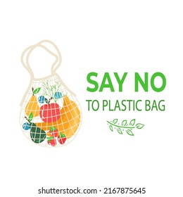 Eco shopping bag with vegetables, fruits and healthy drinks. Dairy food in reusable eco friendly shopper net. Zero waste, plastic free concept. Flat trendy design