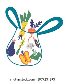 Eco shopping bag with vegetables. Leek pepper, broccoli, peas, mushrooms, eggplant, asparagus. Healthy organic fresh and natural vegan food concept, grocery delivery. Zero waste concept. Vector