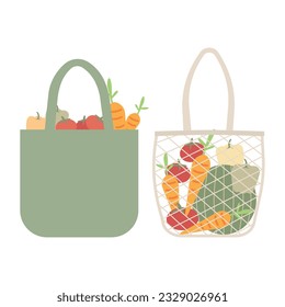 Eco shopping bags filled with fruits and vegetables flat vector illustration on a white background. Plastic free concept illustration.