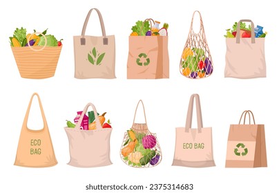 Eco shopping bags. No waste or plastic, reusable grocery bags with vegetables and fruits flat vector illustration set. Zero waste shopping bags