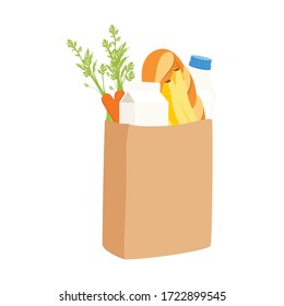 Eco shopping bags. Paper bags with bread, milk, fruits and vegetables. Shopping vector concept