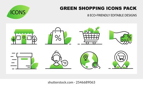 Eco Shopping Icons Set, Elementos de arte com gradiente verde 