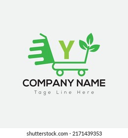 Eco Shopping Logo On Letter Y Template. Eco Online cart On Y Letter, Initial Shopping Sign Concept