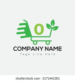 Eco Shopping Logo On Letter O Template. Eco Online cart On O Letter, Initial Shopping Sign Concept