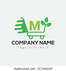 Eco Shopping Logo On Letter M Template. Eco Online cart On M Letter, Initial Shopping Sign Concept