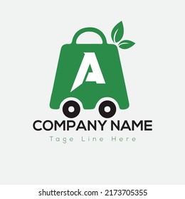Eco Shopping Logo On Letter A Template. Eco Shopping On A Letter, Initial Eco Shopping Sign Concept, Cart, Shop logo icon