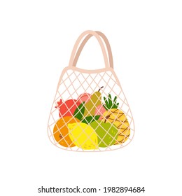 Eco shopping net bag with healthy organic fruits. Zero waste concept. Cartoon vector illustration - products from supermarket