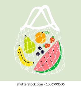 Eco shopping net bag with various healthy food. Zero waste, plastic free concept. Different fresh fruits and berries. Colored trendy vector illustration. Cartoon style. Flat design
