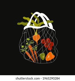 Eco shopping net bag with various healthy food,vagatables. Zero waste, plastic free concept.Colored trendy vector illustration. Cartoon style. Flat design