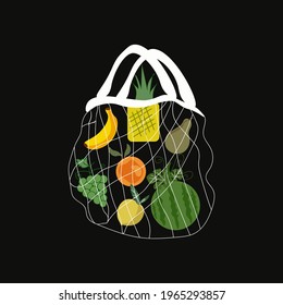Eco shopping net bag with various healthy food,fruits. Zero waste, plastic free concept. Different fresh fruits.Colored trendy vector illustration. Cartoon style. Flat design.