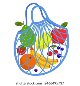 Eco shopping net bag. Zero waste shopping mesh or net bag with various grocery product, vegetables, fruits.