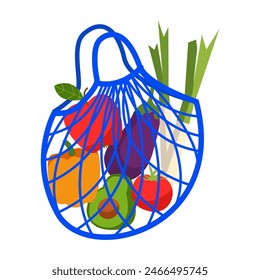 Eco shopping net bag. Zero waste shopping mesh or net bag with various grocery product, vegetables, fruits.