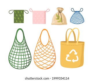 Eco shopping net bags flat vector illustration set. Drawing kit, tote and bulk bags for grocery shopping. Zero waste, plastic free, recycling, eco-friendly concept