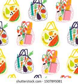 Eco shopping net bags with various products. Zero waste, plastic free concept. Different stuff from local market. Colored trendy vector illustration. Cartoon style. Flat design. Seamless pattern