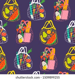 Eco shopping net bags with various products. Zero waste, plastic free concept. Different stuff from local market. Colored trendy vector seamless pattern. Dark blue background