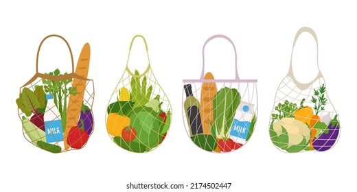 Eco Shopping Net Bags With Vegetables And Grocery. Set Of Eco Friendly Reusable Shopping Bags With Food. Vector Illustration Isolated On White Background.