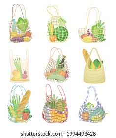 Eco Shopping with Net and Reusable Textile Bag Full of Grocery Products Vector Set