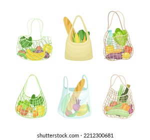 Eco Shopping with Net and Reusable Textile Bag Full of Grocery Products Vector Set