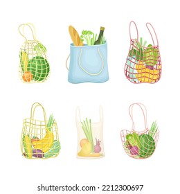 Eco Shopping with Net and Reusable Textile Bag Full of Grocery Products Vector Set