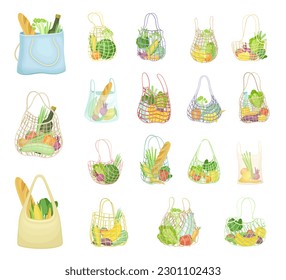 Eco Shopping with Net and Reusable Textile Bag Full of Grocery Products Big Vector Set