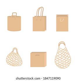 Eco shopping paper empty bag flat illustration. Zero waste, less is more, plastic free, bio market, recycle concept. Vector stock illustration isolated on white background for print.