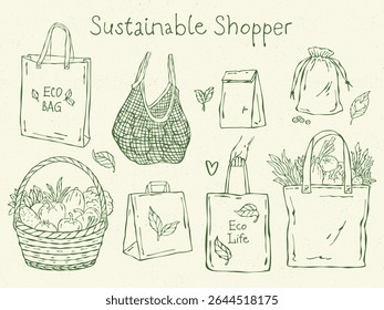 Eco shopping definido em estilo de arte de linha. Inclui sacos reutilizáveis, sacos de papel, lonas de rede e uma cesta de legumes. Perfeito para o desperdício zero e temas de estilo de vida verde