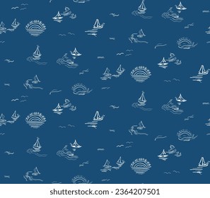 Eco Shore kids summer spring nautical sea beach seaside coast shells Sealife natural organic boats sailing conversational print seamless pattern vector graphic artwork