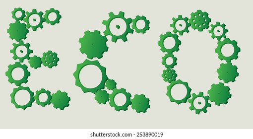ECO sign made from three dimensional cogs with different models and sizes