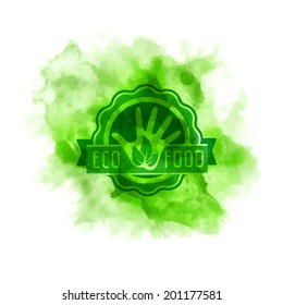 eco signature label of healthy vital natural pure ranch nurture on the watercolor splatter tree fruit nature produce ranch natural nutrient earth splatter ecologic market ecosystem leaf pure mark heal