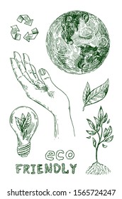 Eco sketch vector illustration concept. Hand drawn picture. Eco friendly. Love planet.