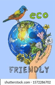 Eco sketch vector illustration concept. Hand drawn picture. Eco friendly. Love planet.
