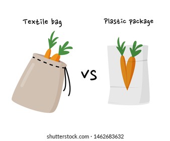 Eco small cotton bag vs plastic package illustration. Zero waste concept for home. Ecological poster.