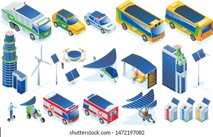 Eco Smart City Set of isometric icons on isolated background