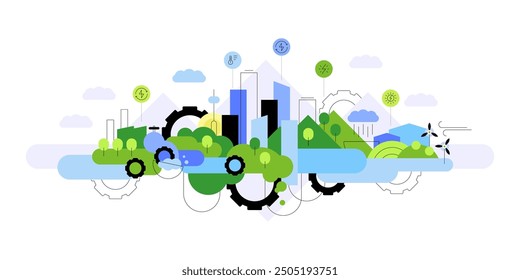 Eco smart city and sustainable technologies. Urban landscape. Modern flat illustration. Vector file.