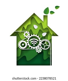 Eco smart home vector logo abstract design in paper cut art style. Renewable energy for private apartment building promotion illustration. Environmental and ecological technology