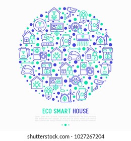 Eco smart house concept in circle with thin line icons: solar battery, security, light settings, appliances, artificial intelligence, mobile app control. Energy saving vector illustration.