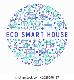 Eco smart house concept in circle with thin line icons: solar battery, security, light settings, appliances, artificial intelligence, mobile app control. Energy saving vector illustration.