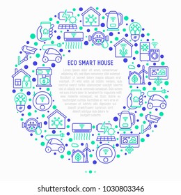 Eco smart house concept in circle with thin line icons: solar battery, security, light settings, appliances, artificial intelligence, mobile app control. Energy saving vector illustration.