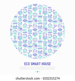 Eco smart house concept in circle with thin line icons: solar battery, security, light settings, appliances, artificial intelligence, mobile app control. Energy saving vector illustration.