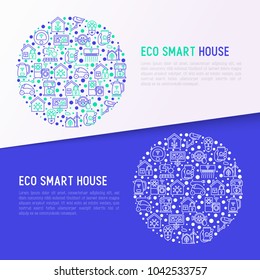 Eco smart house concept in circle with thin line icons: solar battery, security, light settings, appliances, artificial intelligence, mobile app control. Energy saving vector illustration.