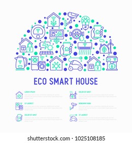 Eco smart house concept in half circle with thin line icons: solar battery, security, light settings, appliances, artificial intelligence, mobile app control. Energy saving vector illustration.