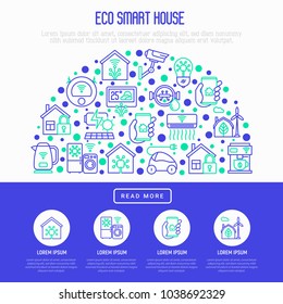 Eco smart house concept in half circle with thin line icons: solar battery, security, light settings, appliances, artificial intelligence, mobile app control. Energy saving vector illustration.