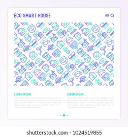Eco smart house concept with thin line icons: solar battery, security, light settings, appliances, mobile app control, electrocar. Energy saving and new technologies vector illustration.