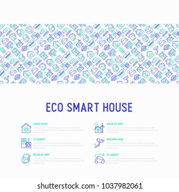 Eco smart house concept with thin line icons: solar battery, security, light settings, appliances, artificial intelligence, mobile app control. Energy saving and new technologies vector illustration