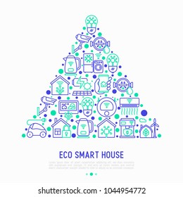 Eco smart house concept in triangle with thin line icons: solar battery, security, light settings, appliances, artificial intelligence, mobile app control. Energy saving vector illustration.