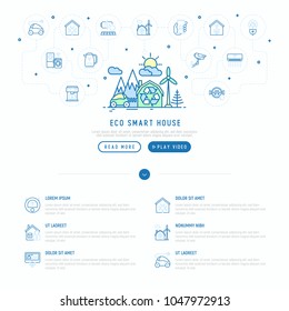 Eco smart house in mountains with wind generator and electrocar concept with thin line icons: solar battery, security, light settings, appliances, mobile app control. Vector illustration.